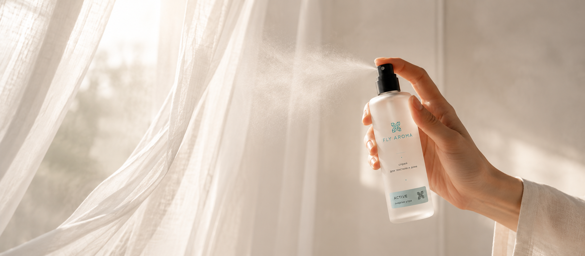 Ритуал распыления FLY AROMA на льняные шторы